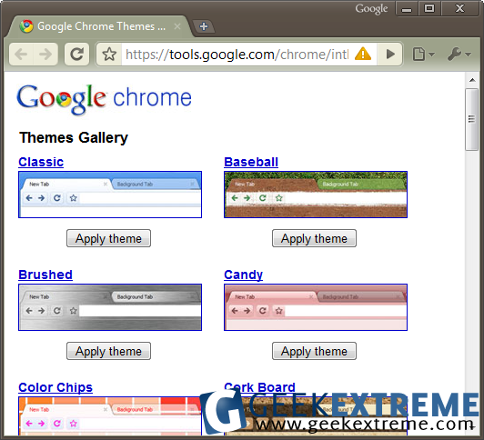 Google chrome themes screenshot