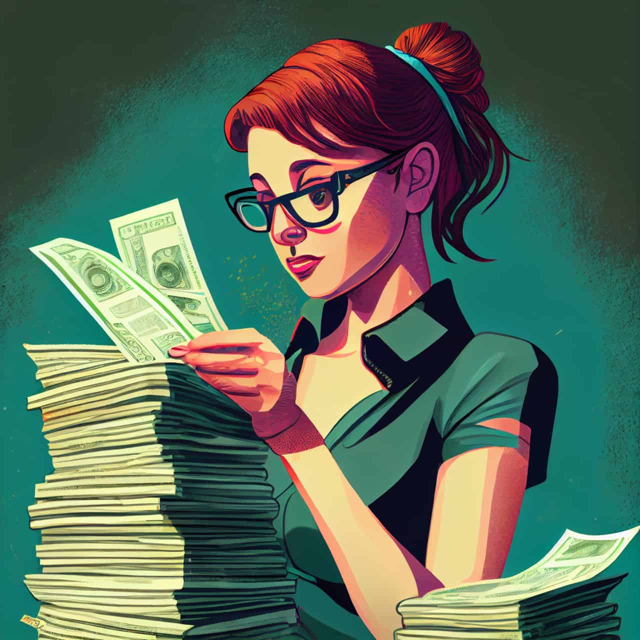 a geeky woman counting a stack of cash