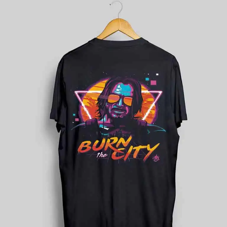 Keanu Reeves Cyberpunk 2077 Burn The City shirt 1 enlarged