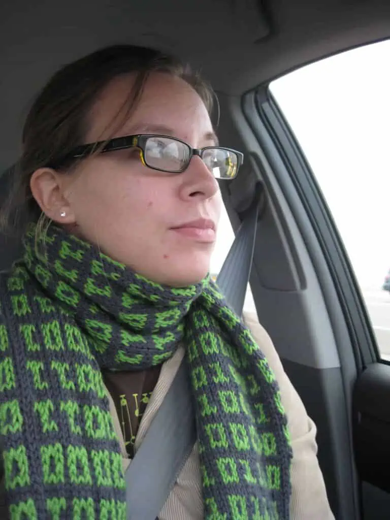 woman with geeky knitted scarf