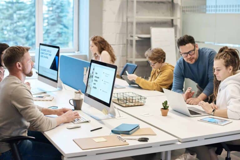 people talking in office