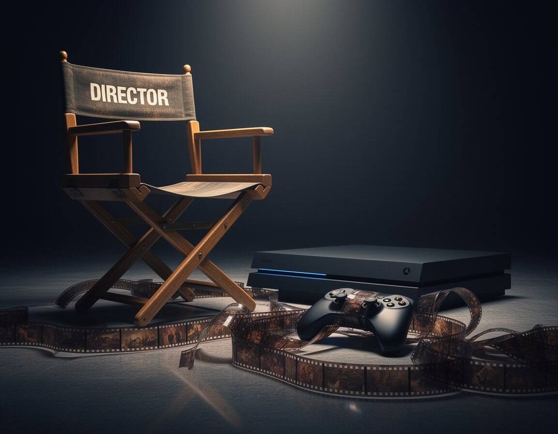 David Cage Sucks: Press X to Disappoint 2 A director-style chair placed next to a modern gaming console with a controller, surrounded by vintage film strips, emphasizing film production, gaming, and digital entertainment themes for tech enthusiasts.