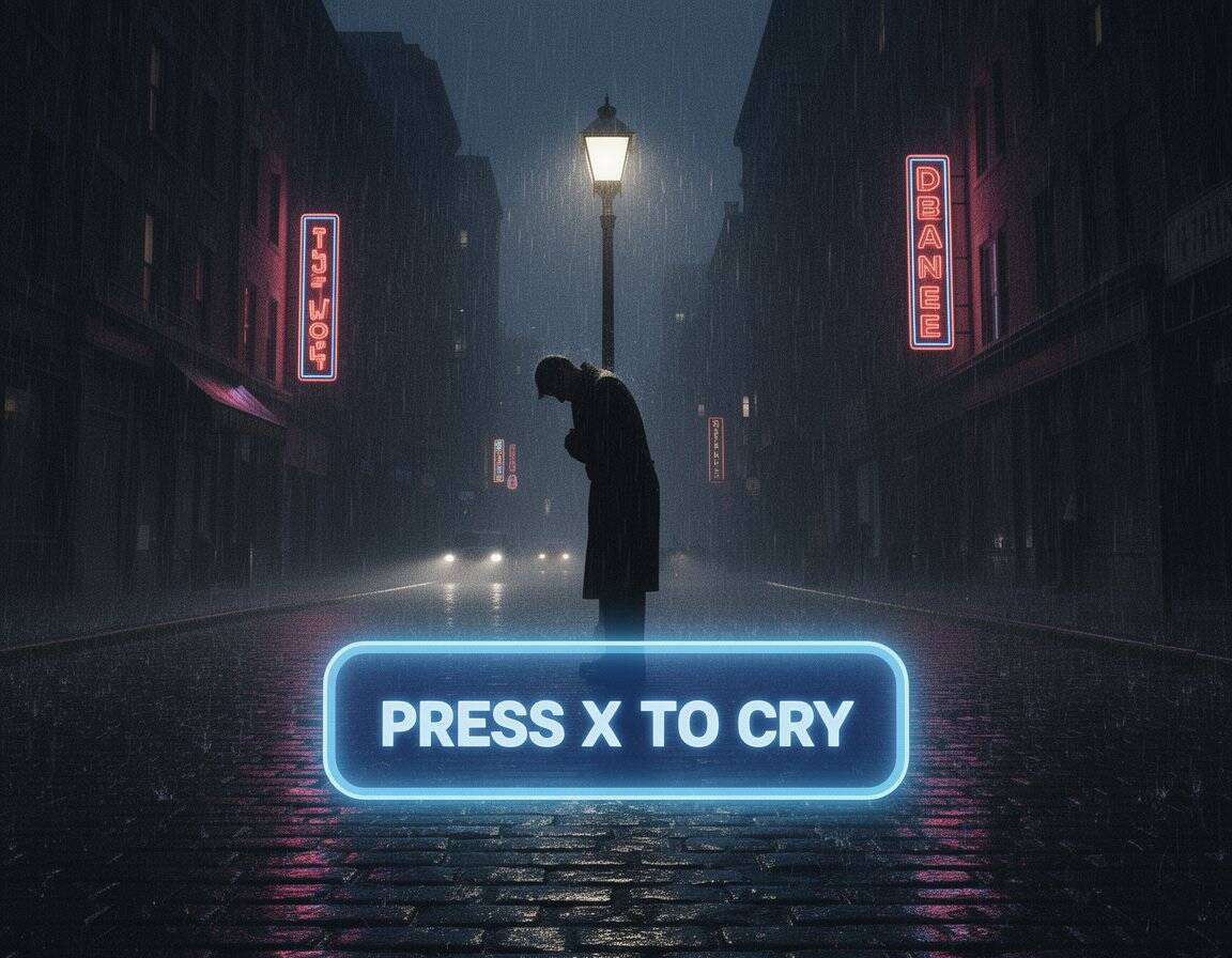 David Cage Sucks: Press X to Disappoint 3 A silhouette of a person standing under a streetlamp in a rainy dark city, neon signs, and a glowing "PRESS X TO CRY" button suggesting emotional digital expression, cyberpunk aesthetic, and urban solitude.