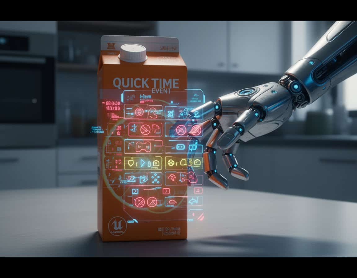 David Cage Sucks: Press X to Disappoint 4 A robotic hand tapping a digital holographic control panel projected over a juice box with "Quick Time" label, illustrating advanced AI, robotics, and smart technology integration in modern kitchens.
