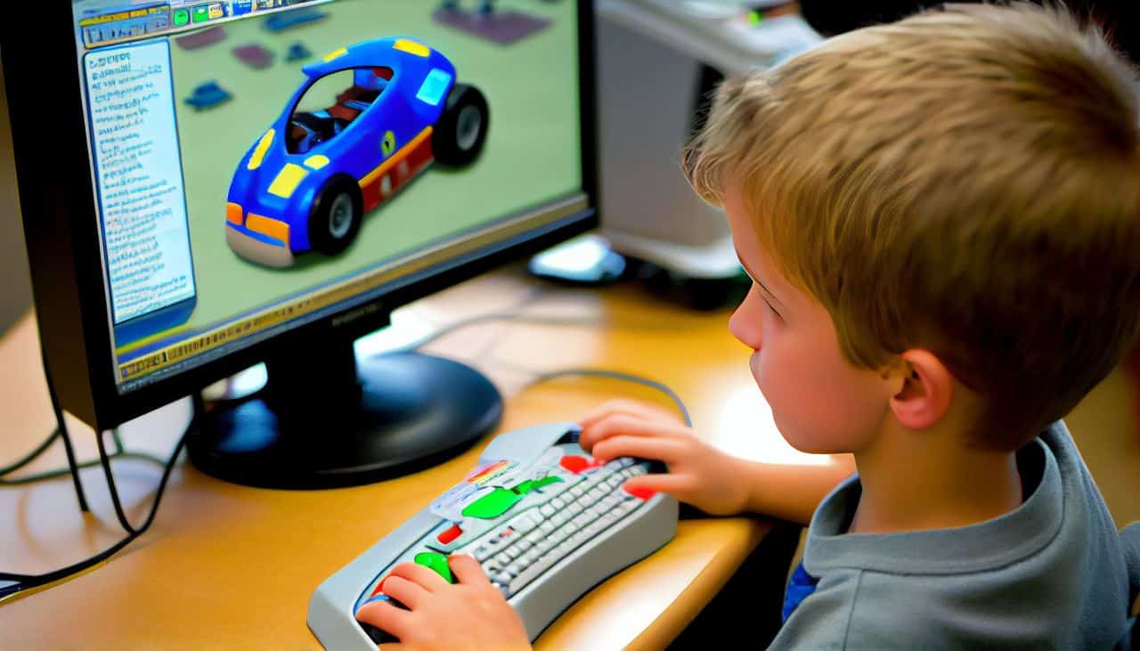 kid playing car game on school computer
