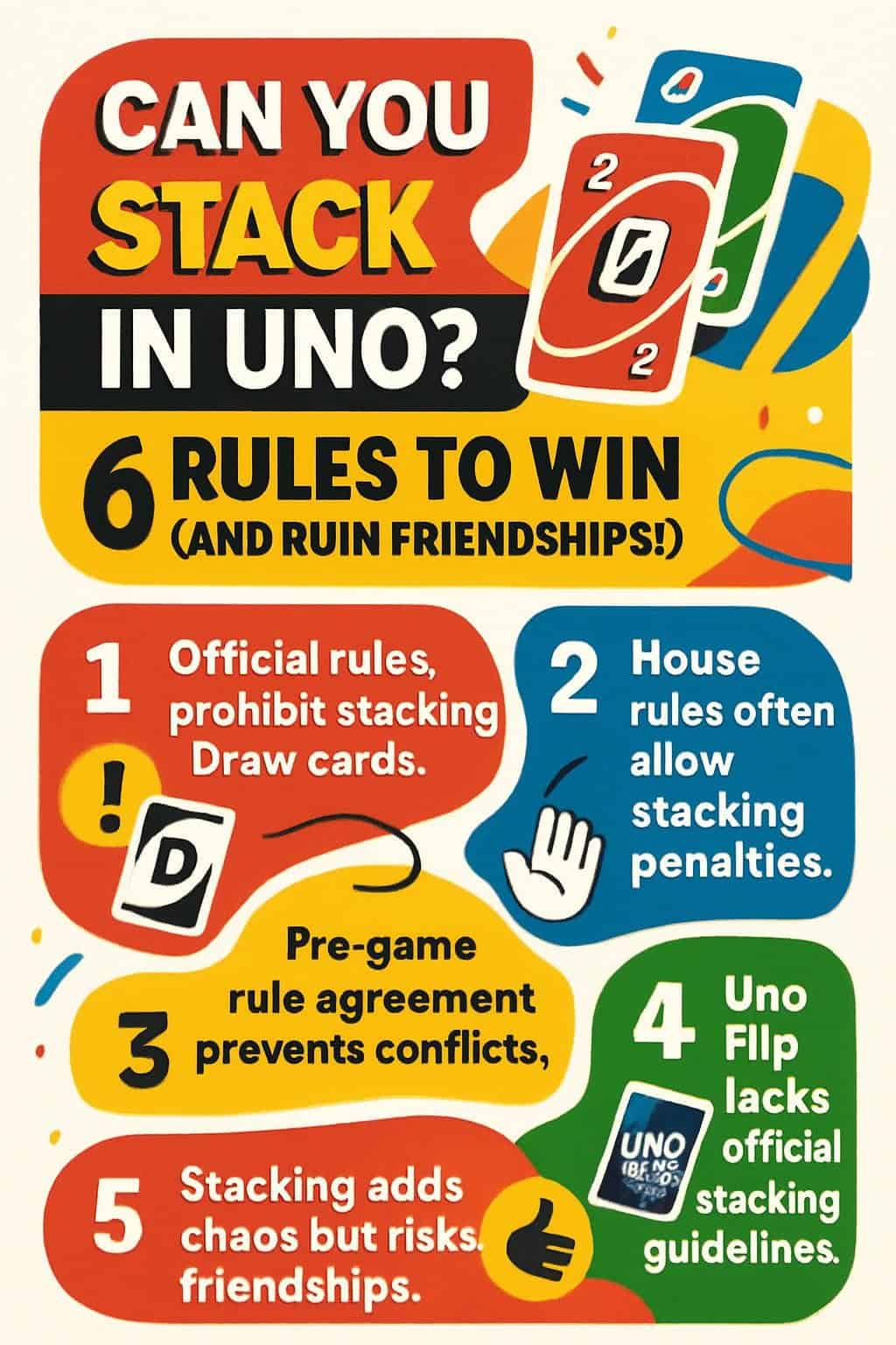 A stack of Uno cards on a wooden table, with two people engaged in a lively game discussion. infographic Can You Stack In Uno 6 Rules to Win And Ruin Friendships 257167