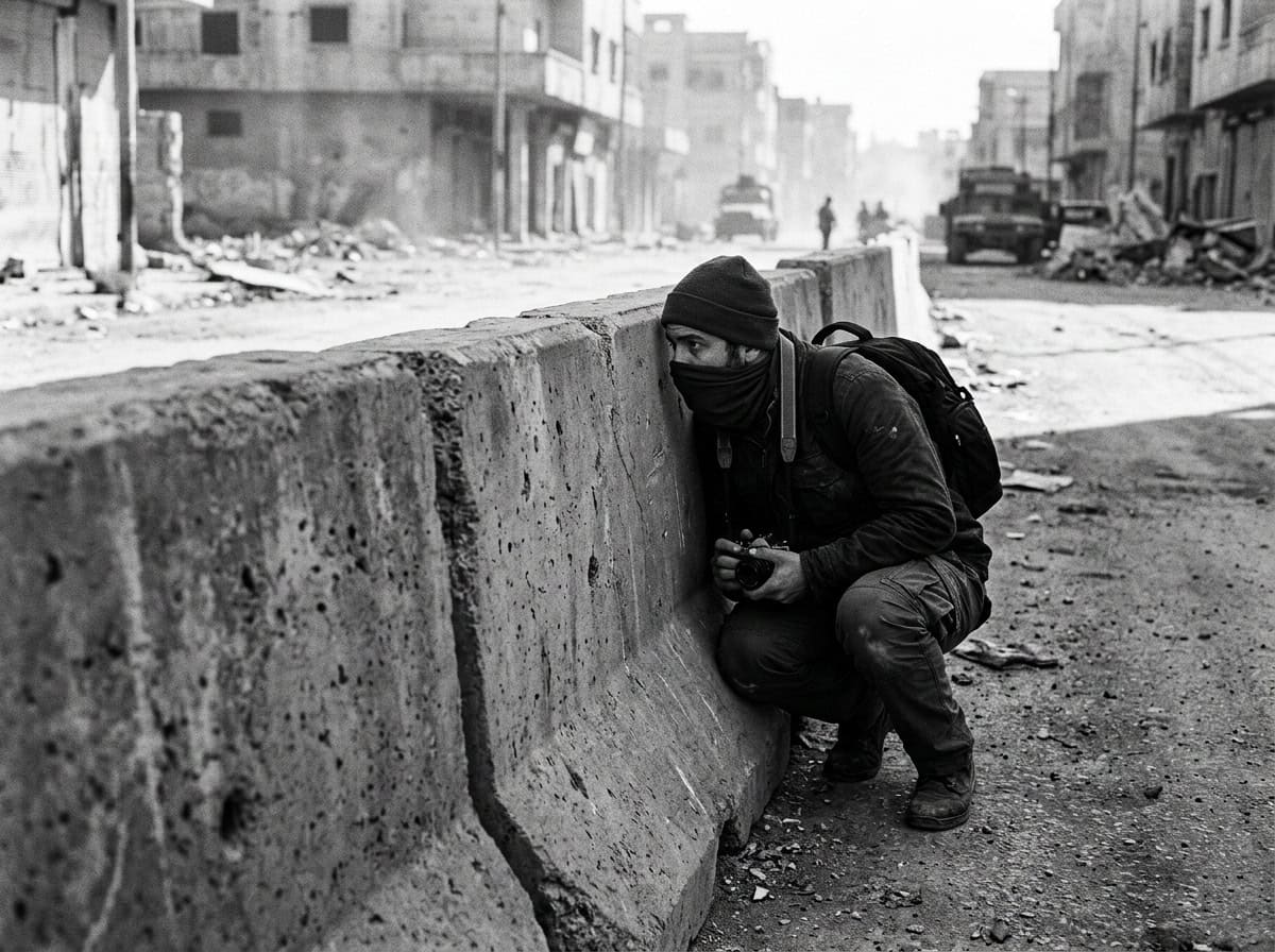How to Protect Yourself From Sonic Weapons & LRADs 4 Individual crouching behind a concrete barrier in a war-torn urban environment, wearing protective gear, highlighting the need for safety measures against sonic weapons.