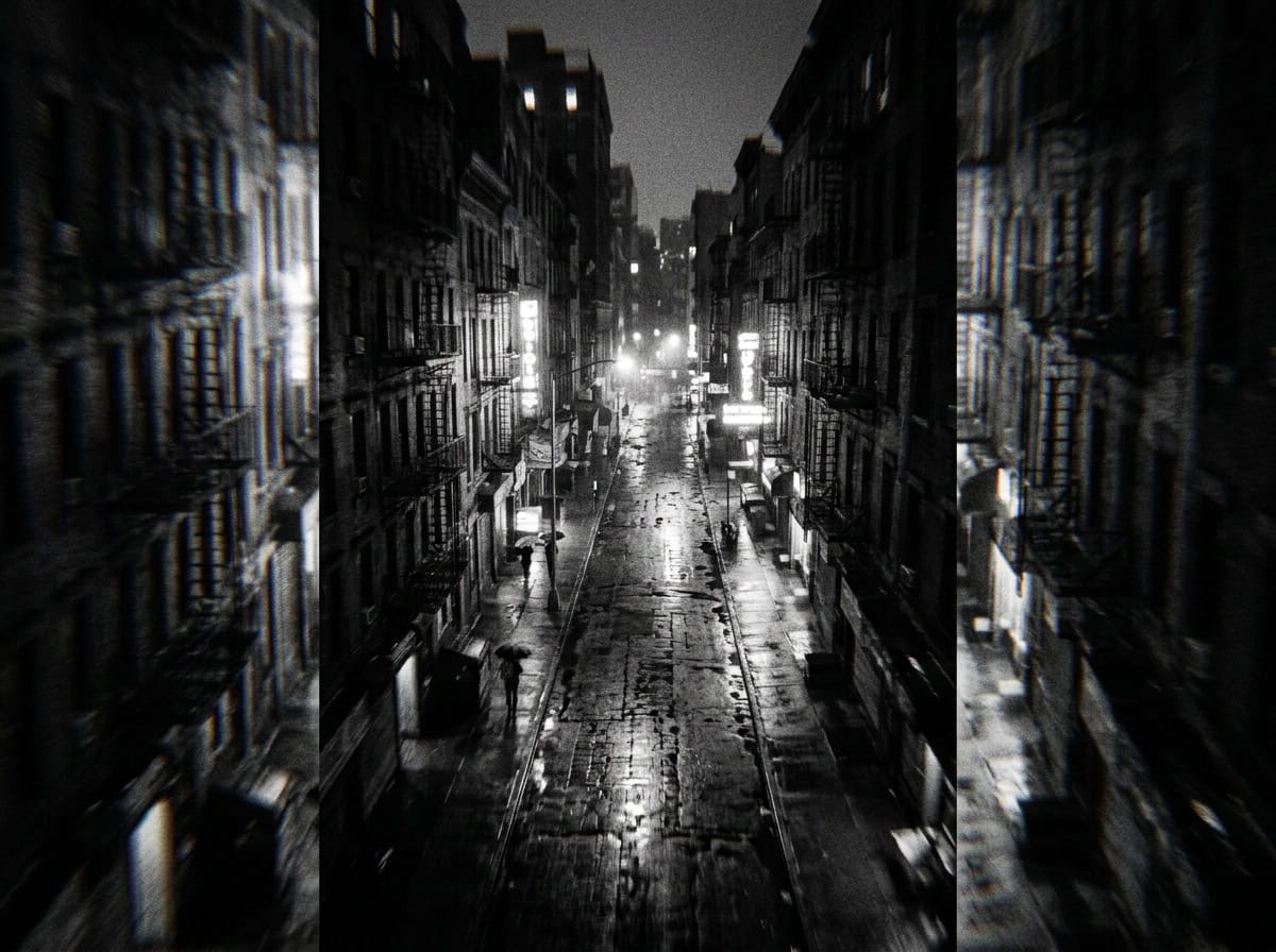 How to Protect Yourself From Sonic Weapons & LRADs 7 Night city street scene showing wet pavement, tall buildings with lit windows, and streetlights illuminating the dark urban environment, emphasizing the need for protection against sonic weapons in ur.