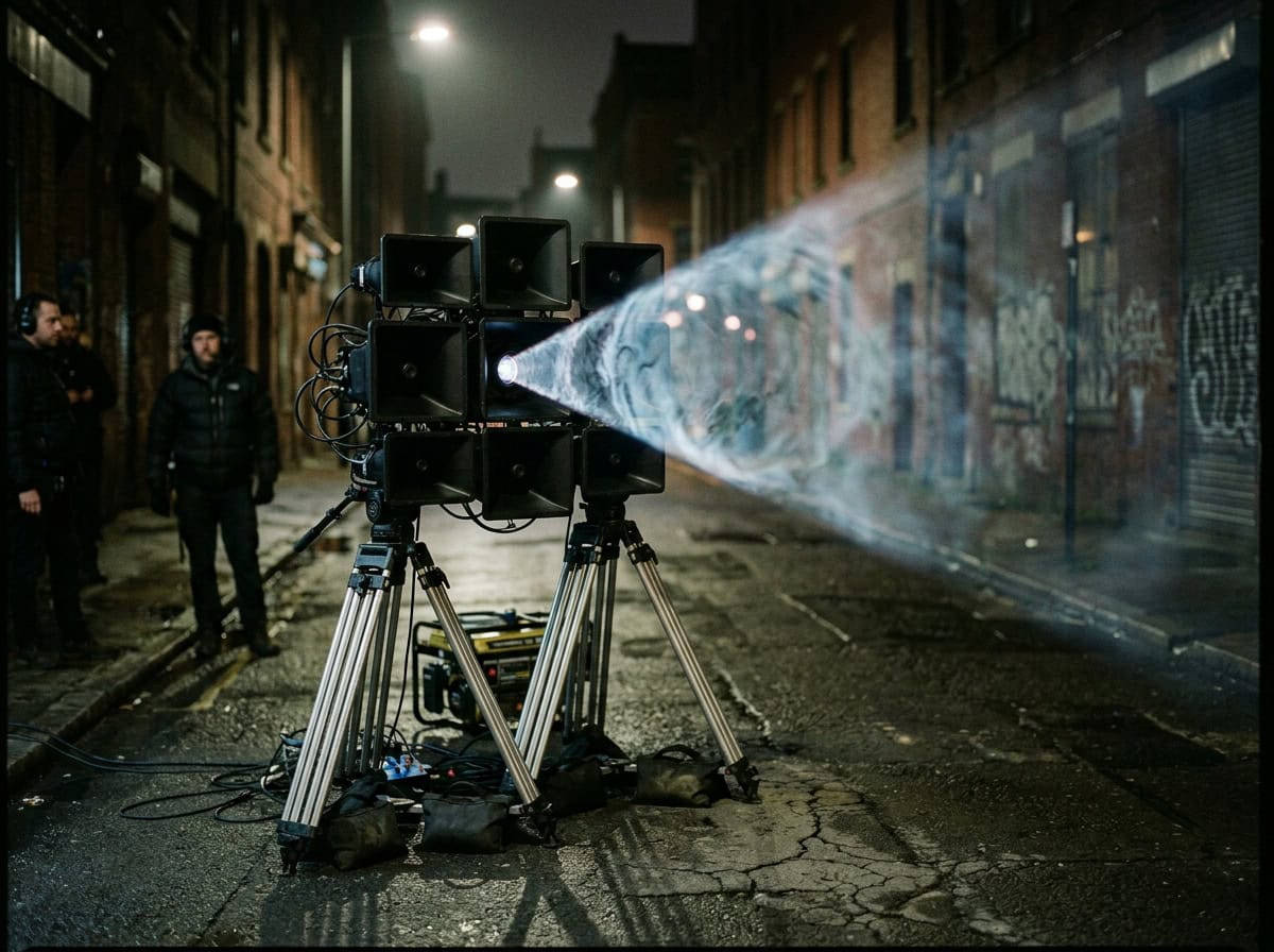 How to Protect Yourself From Sonic Weapons & LRADs 6 An advanced sonic weapon detection system emitting focused sound waves in an urban street setting.