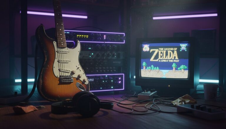Music and gaming setup featuring an electric guitar, audio equipment, and a monitor displaying The Legend of Zelda game, perfect for geeky hobbies enthusiasts.