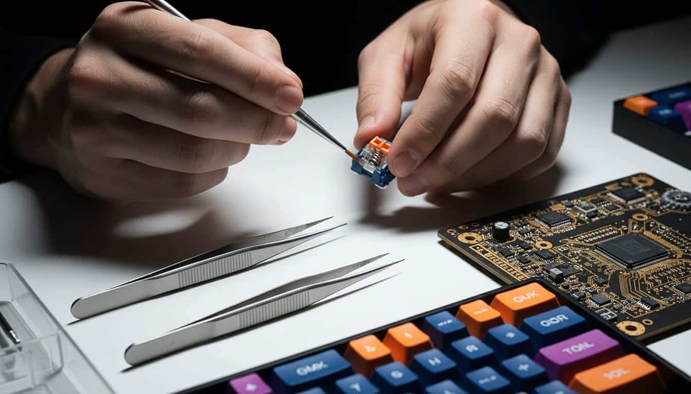 8 Analog Geeky Hobbies to Cure Screen Fatigue 3 Close-up of hands soldering a microcontroller chip with precision tools on a workbench, surrounded by electronic components and a colorful keyboard.