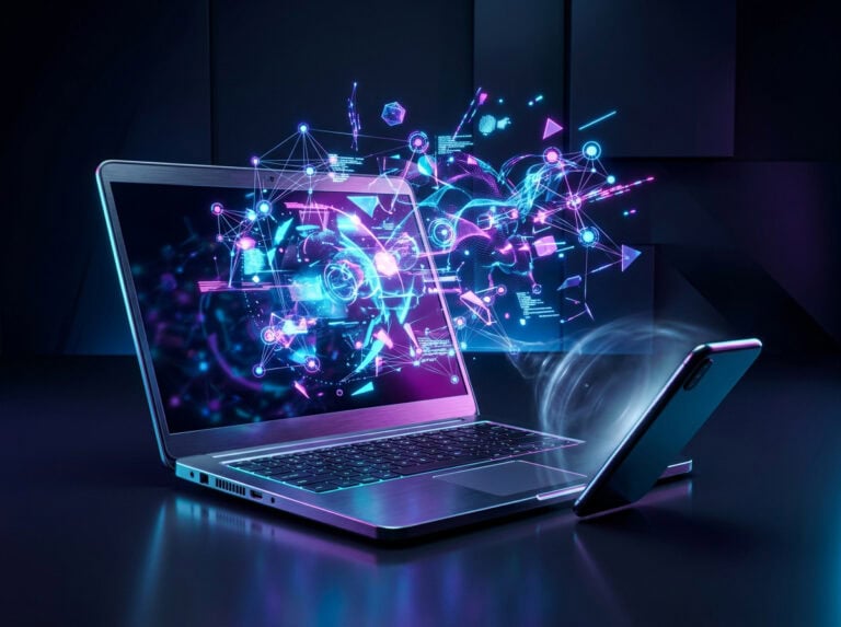 High-tech laptop displaying holographic digital graphics and virtual data projections, representing innovative tech ideas and creative digital activities for laptop users.