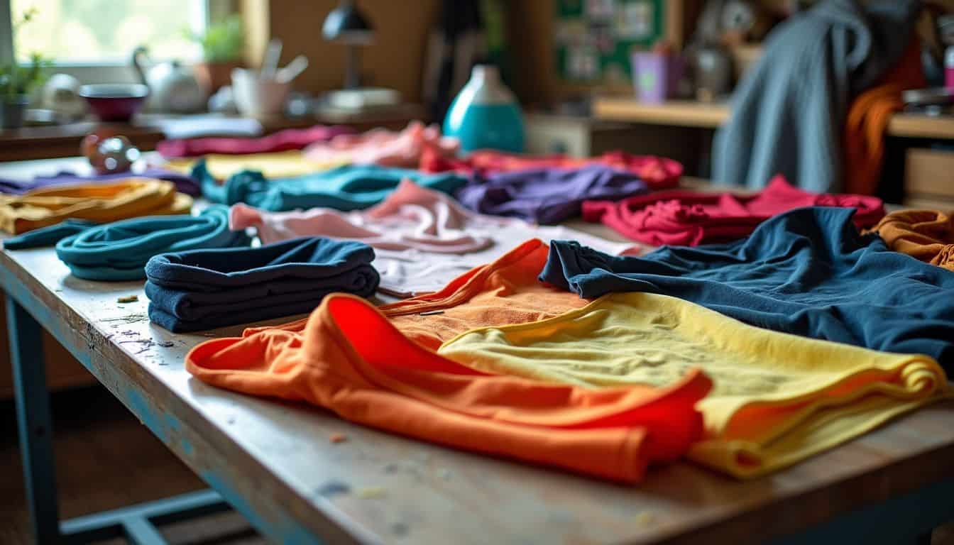 A cluttered worktable filled with vibrant custom cosplay costumes and props in a workshop setting. A cluttered worktable filled with vibrant custom cosplay costumes and props in a workshop setting.