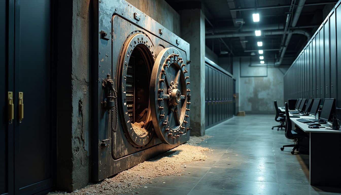 Abandoned bank vault with old servers contrasts modern fintech office. Abandoned bank vault with old servers contrasts modern fintech office.