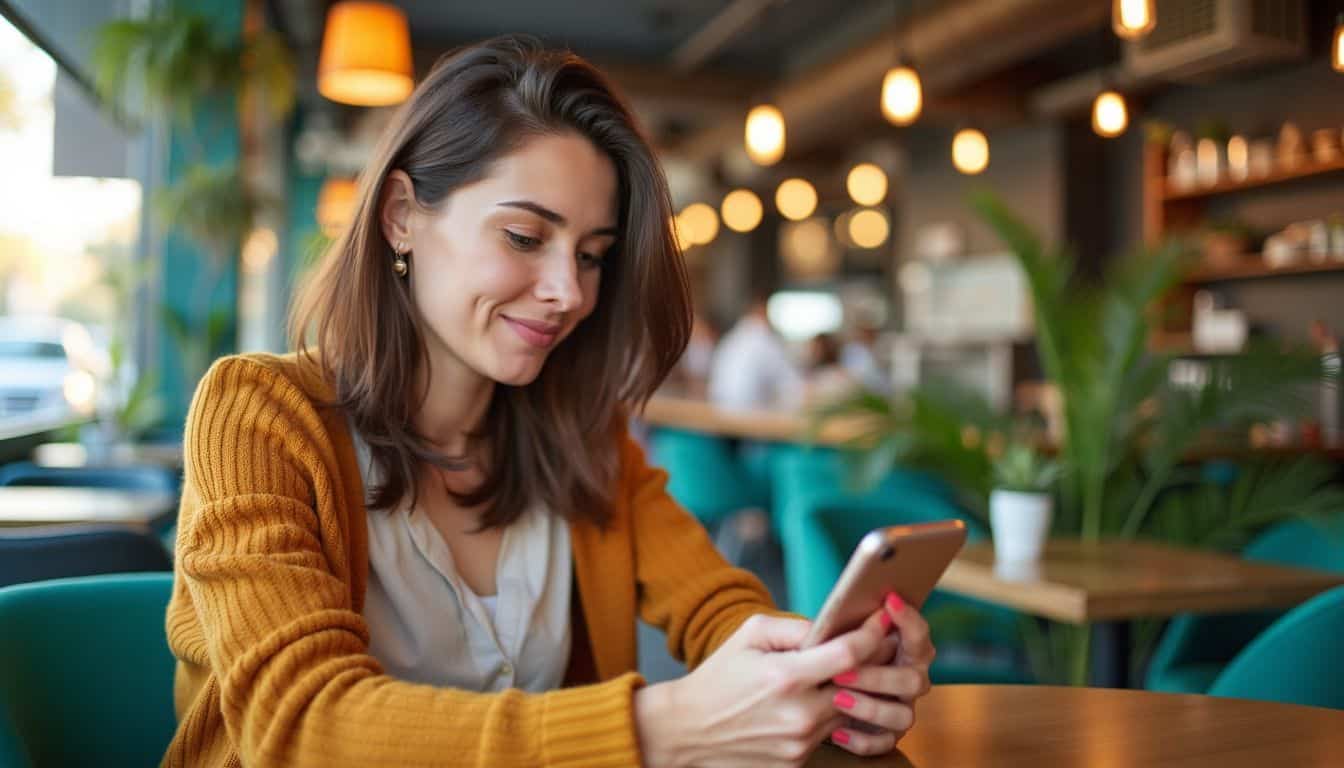 A woman in a cozy cafe using a digital lending app. A woman in a cozy cafe using a digital lending app.