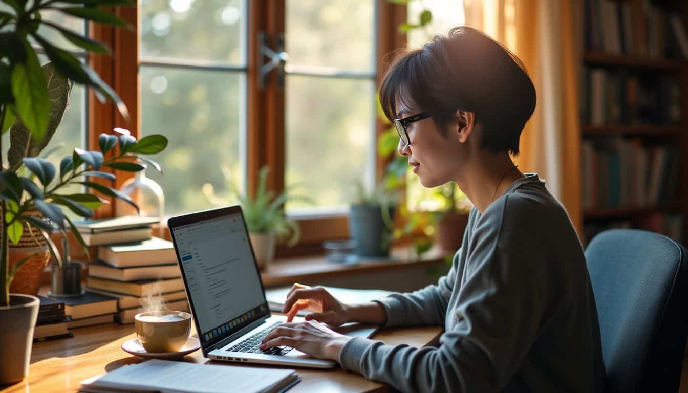 A person uses an AI summarizer tool on a laptop in a cozy home office. A person uses an AI summarizer tool on a laptop in a cozy home office.