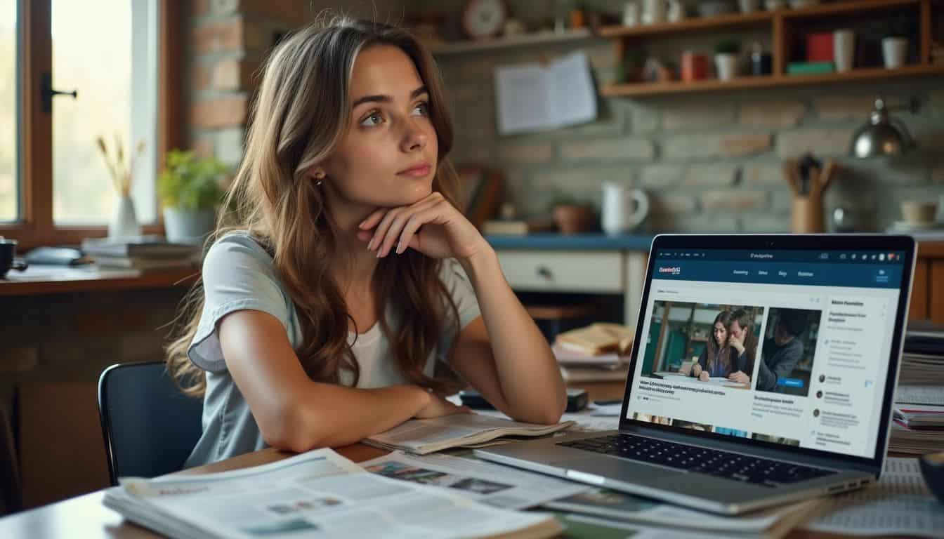 A young woman is seated at a cluttered desk, reading from newspapers and using a news summarization tool on her laptop. A young woman is seated at a cluttered desk, reading from newspapers and using a news summarization tool on her laptop.
