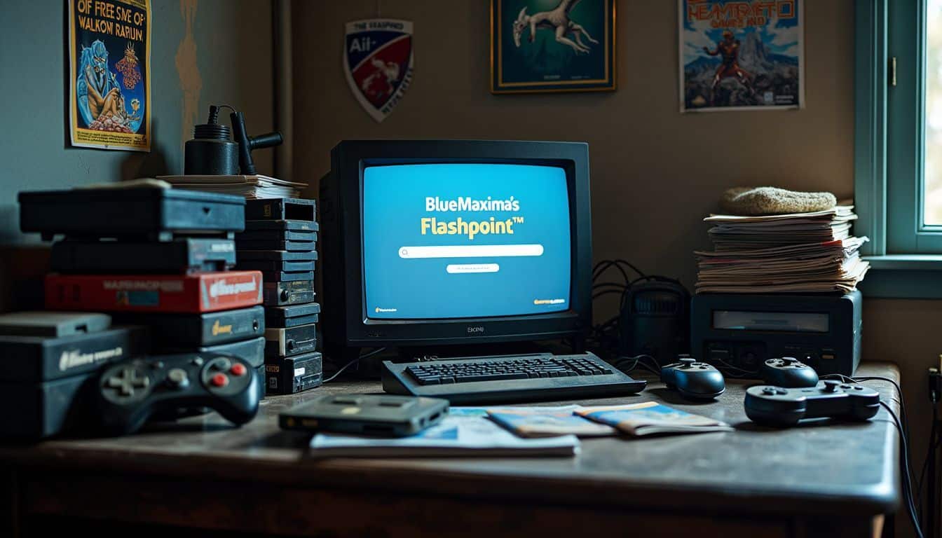 A cluttered desk with retro gaming items and posters. A cluttered desk with retro gaming items and posters.