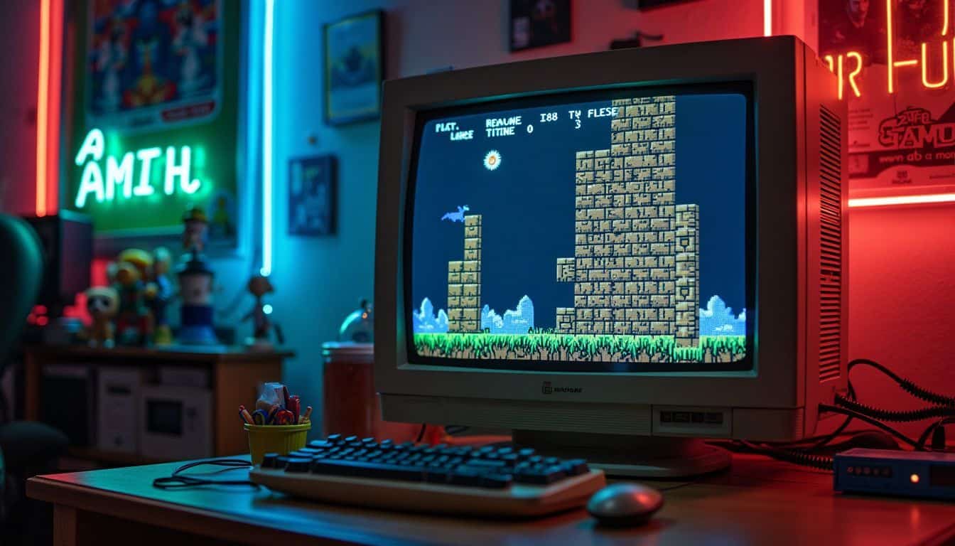 An old CRT monitor displays a pixelated Flash game in a room filled with vintage gaming memorabilia. An old CRT monitor displays a pixelated Flash game in a room filled with vintage gaming memorabilia.