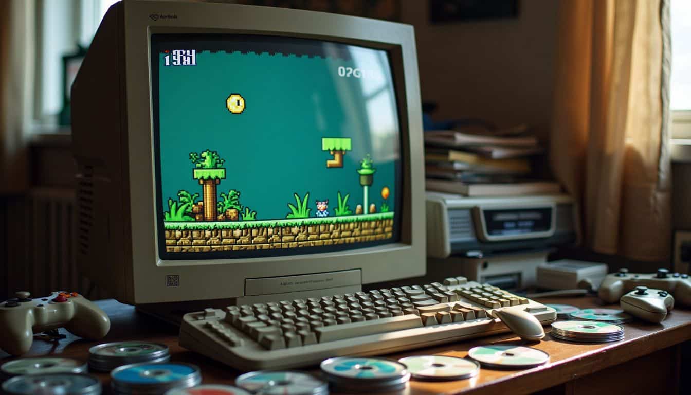 The image shows an old computer monitor displaying a pixelated Flash game. The image shows an old computer monitor displaying a pixelated Flash game.
