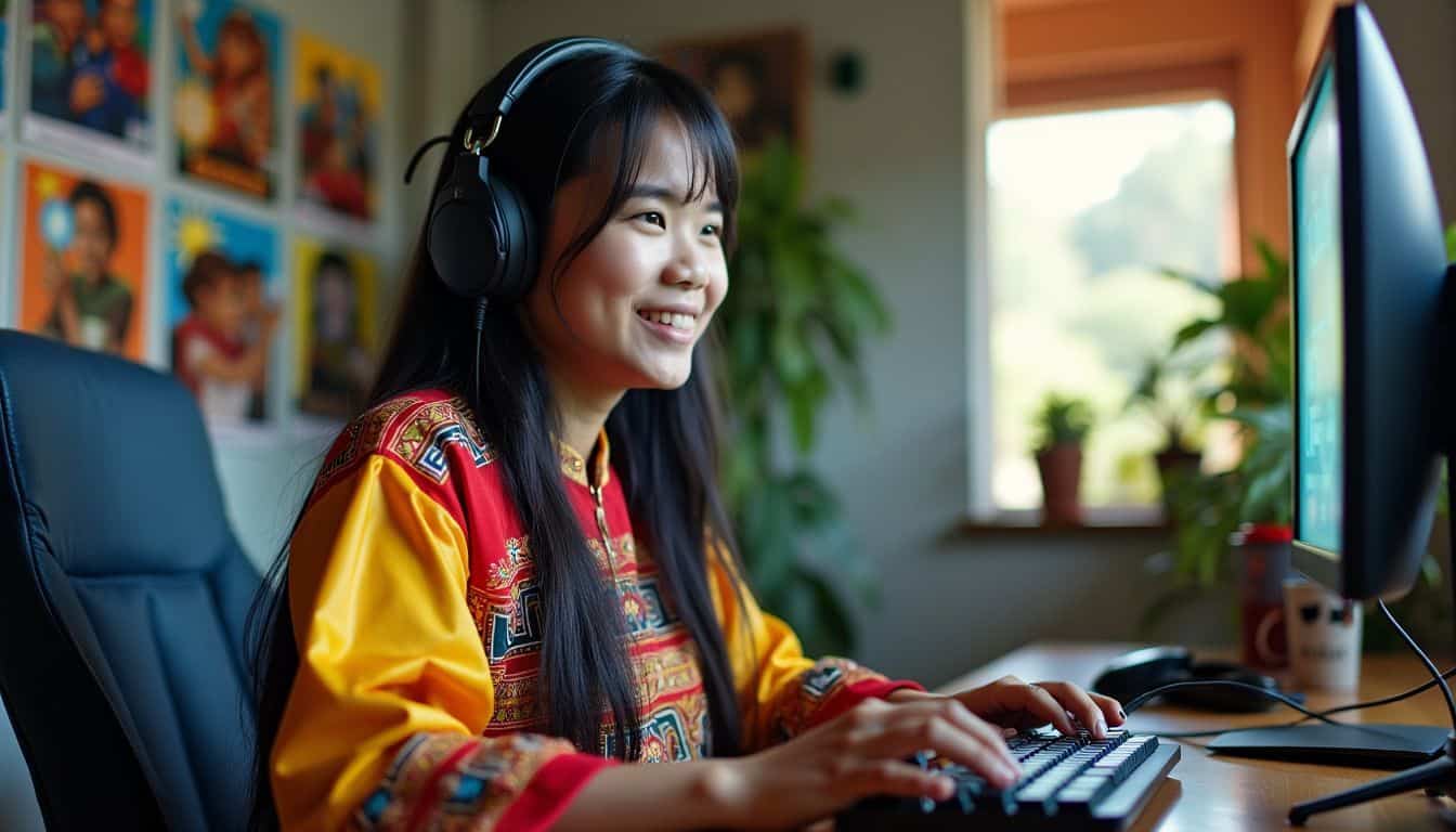 A Filipino gamer in traditional outfit playing video games at home. A Filipino gamer in traditional outfit playing video games at home.