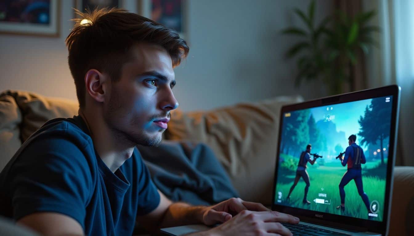 A young man watches gameplay videos on his laptop in a casually lit room. A young man watches gameplay videos on his laptop in a casually lit room.