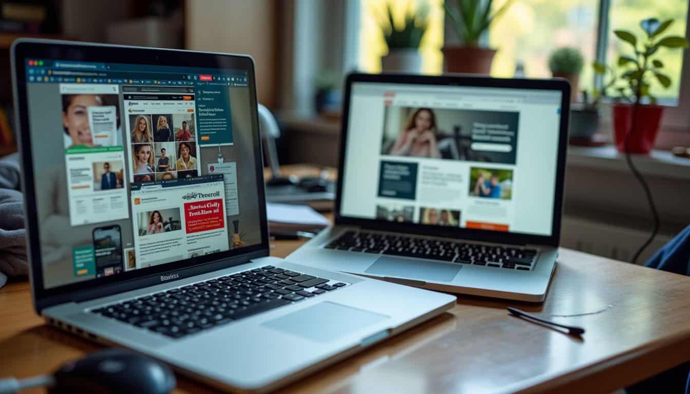 A cluttered desk with two laptops displaying contrasting web browsing experiences. A cluttered desk with two laptops displaying contrasting web browsing experiences.
