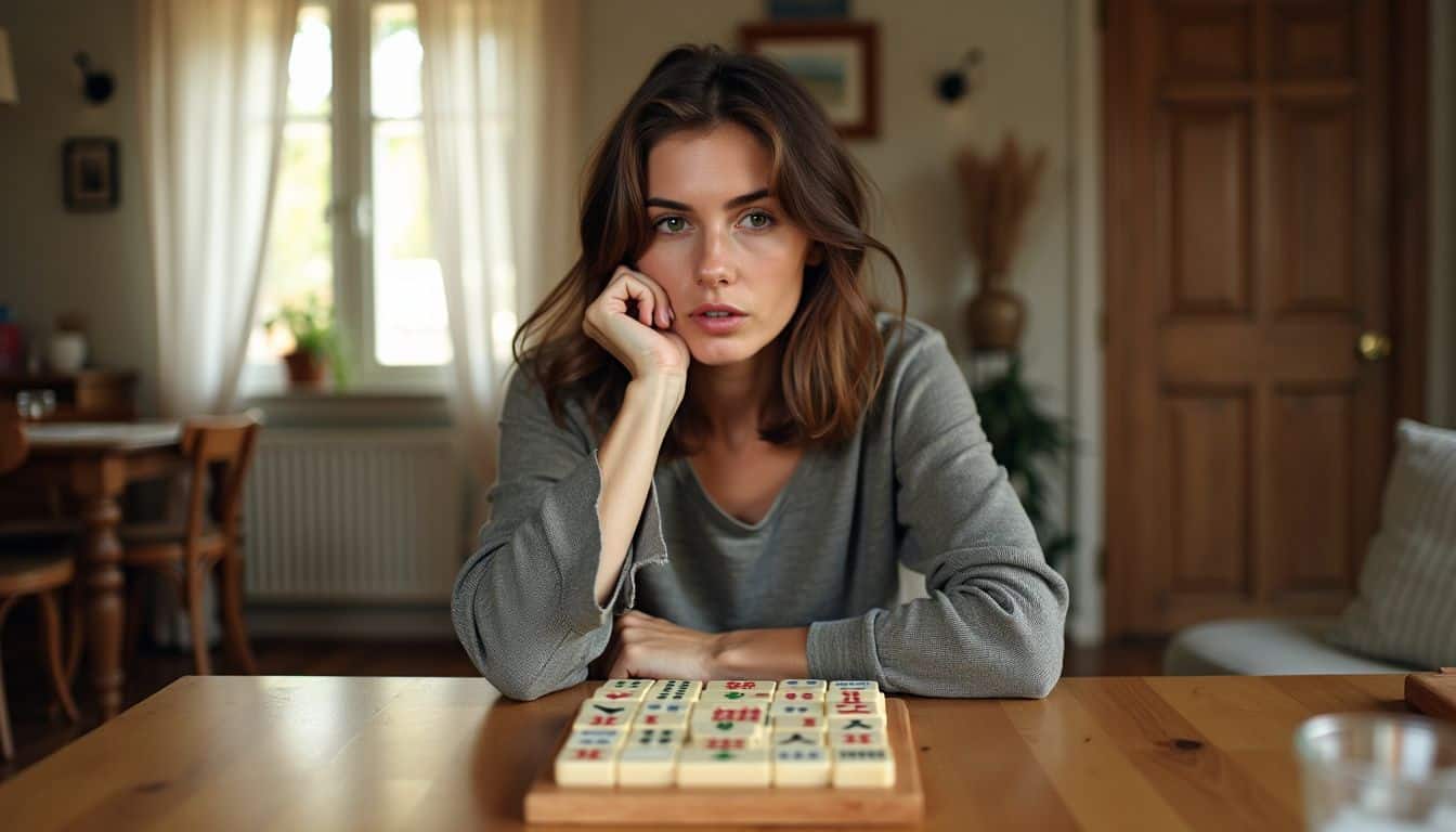 A woman in her 30s is focused on playing Mahjong Solitaire at a wooden table. A woman in her 30s is focused on playing Mahjong Solitaire at a wooden table.