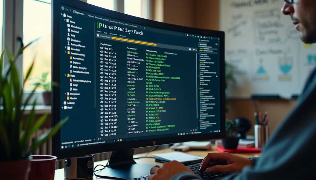 A computer screen displaying IP database search results in a cluttered workspace. A computer screen displaying IP database search results in a cluttered workspace.