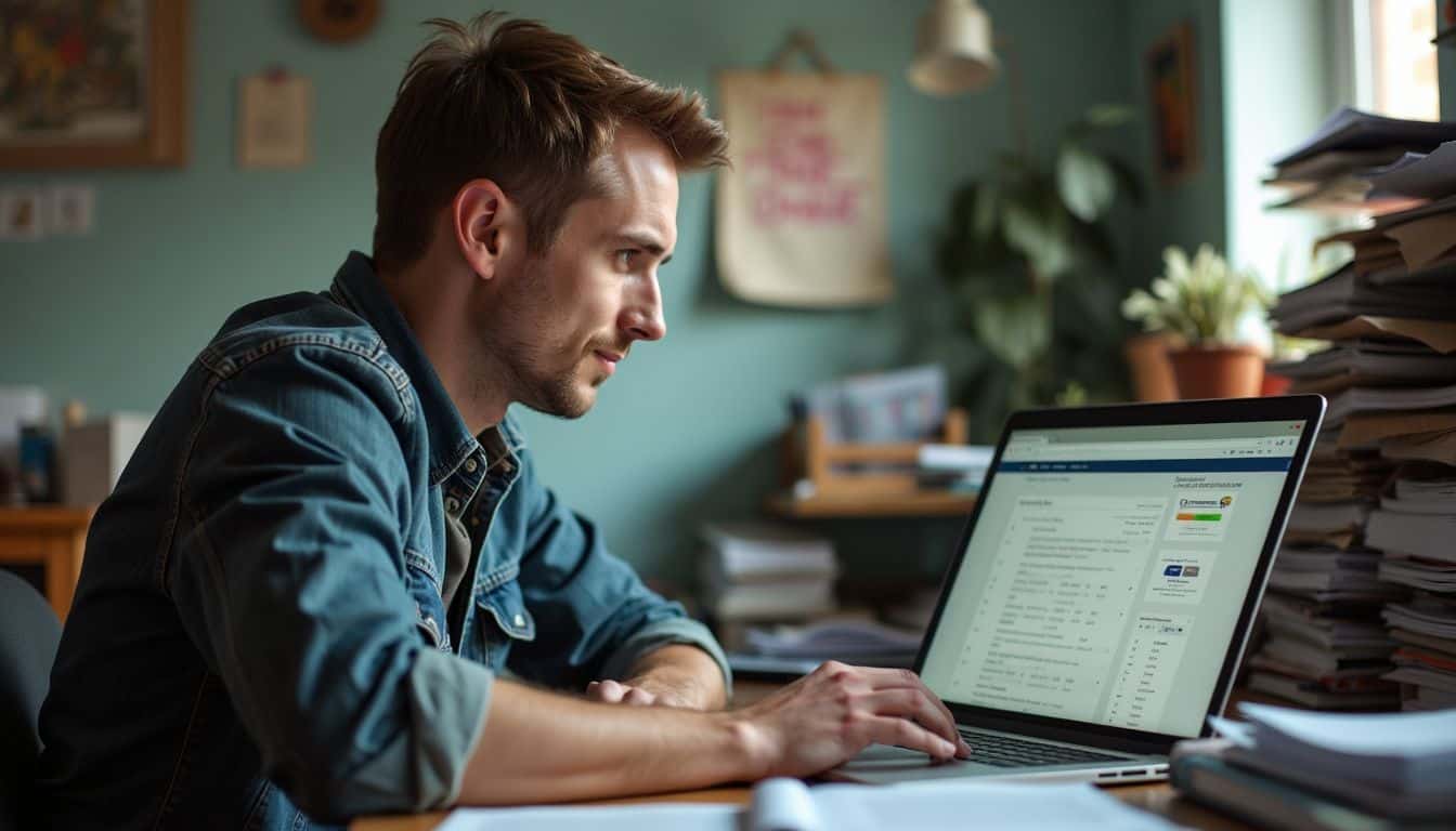 A man in his 30s sitting at a cluttered desk checks proxies online. A man in his 30s sitting at a cluttered desk checks proxies online.
