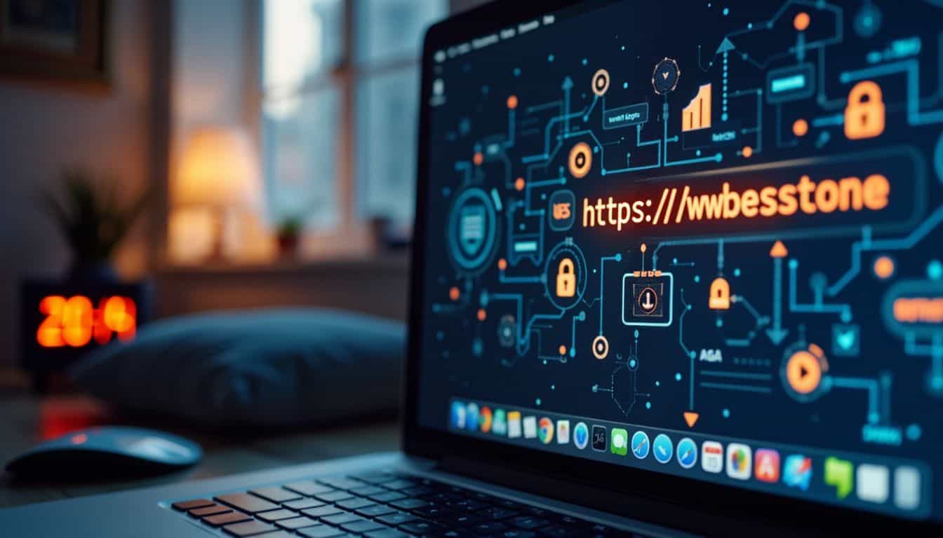 A computer screen displaying a secure HTTPS website at night. A computer screen displaying a secure HTTPS website at night.