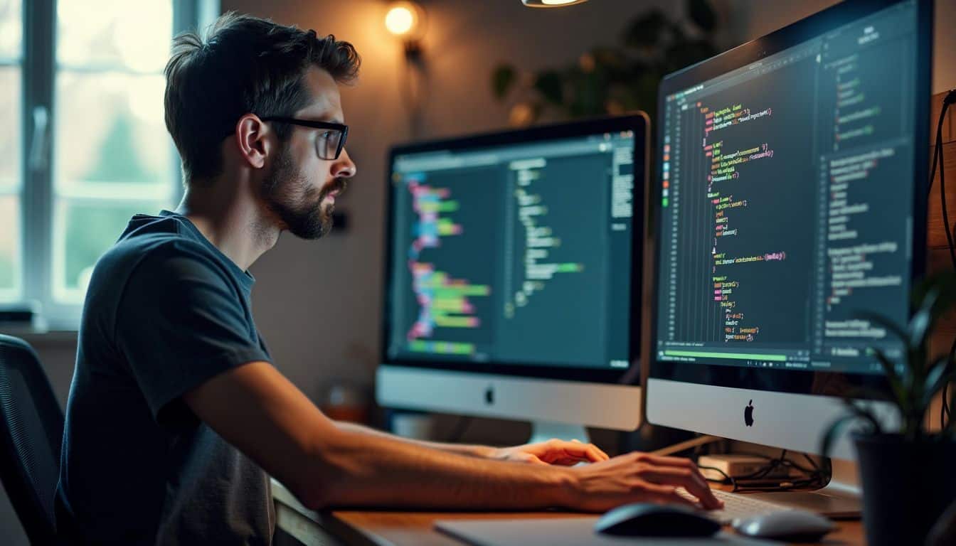 A web developer intensely focuses on coding in a cluttered office. A web developer intensely focuses on coding in a cluttered office.