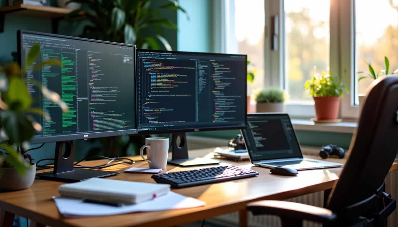 A modern computer desk setup with two monitors displaying test results and surrounded by technical gadgets and notepads. A modern computer desk setup with two monitors displaying test results and surrounded by technical gadgets and notepads.