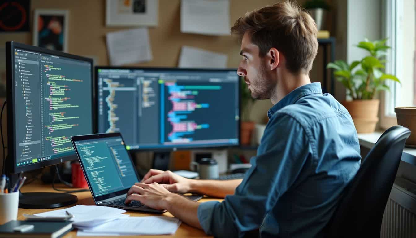 A man in his 30s is conducting QA testing on his laptop in a cluttered office. A man in his 30s is conducting QA testing on his laptop in a cluttered office.