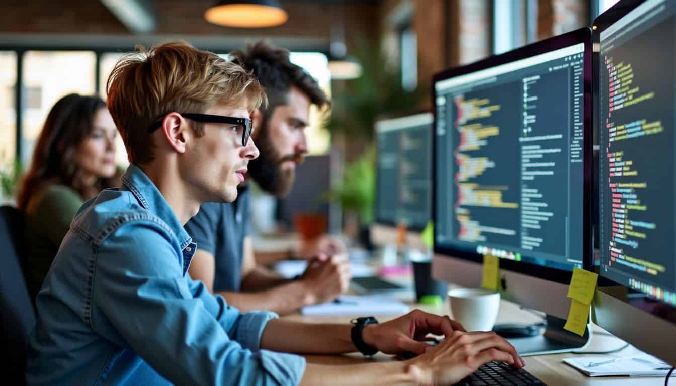A diverse team of software developers collaborate on quality assurance testing in a modern office. A diverse team of software developers collaborate on quality assurance testing in a modern office.