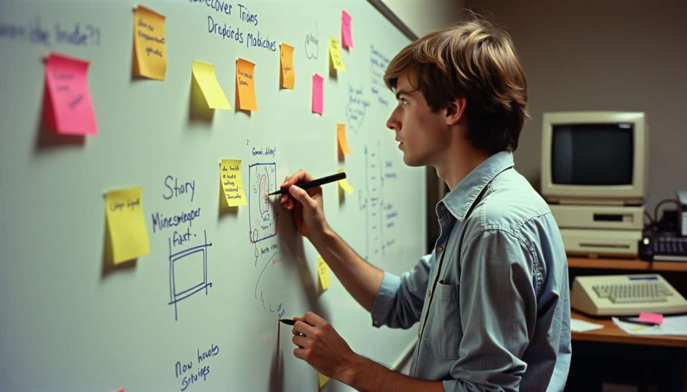 A young software developer brainstorming ideas for a computer game in a late 1980s office setting. A young software developer brainstorming ideas for a computer game in a late 1980s office setting.