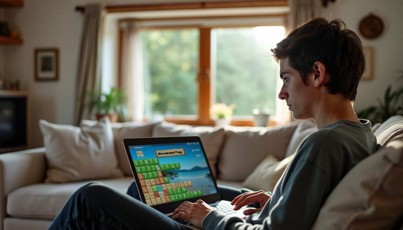 A person sitting on a comfortable couch, focusing on playing Minesweeper Flags on their laptop in a clutter-free living room. A person sitting on a comfortable couch, focusing on playing Minesweeper Flags on their laptop in a clutter-free living room.