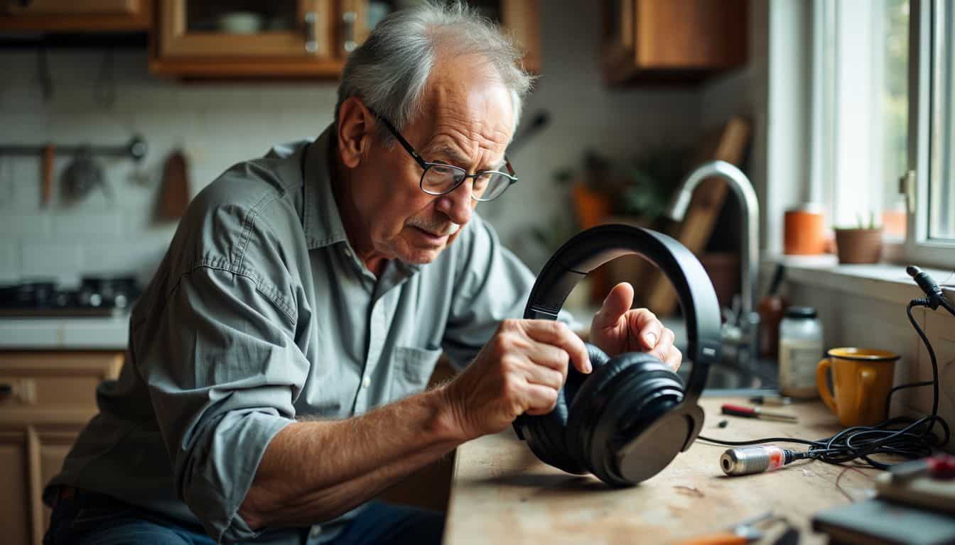 An older man crafting vintage headphones in his modest kitchen. An older man crafting vintage headphones in his modest kitchen.
