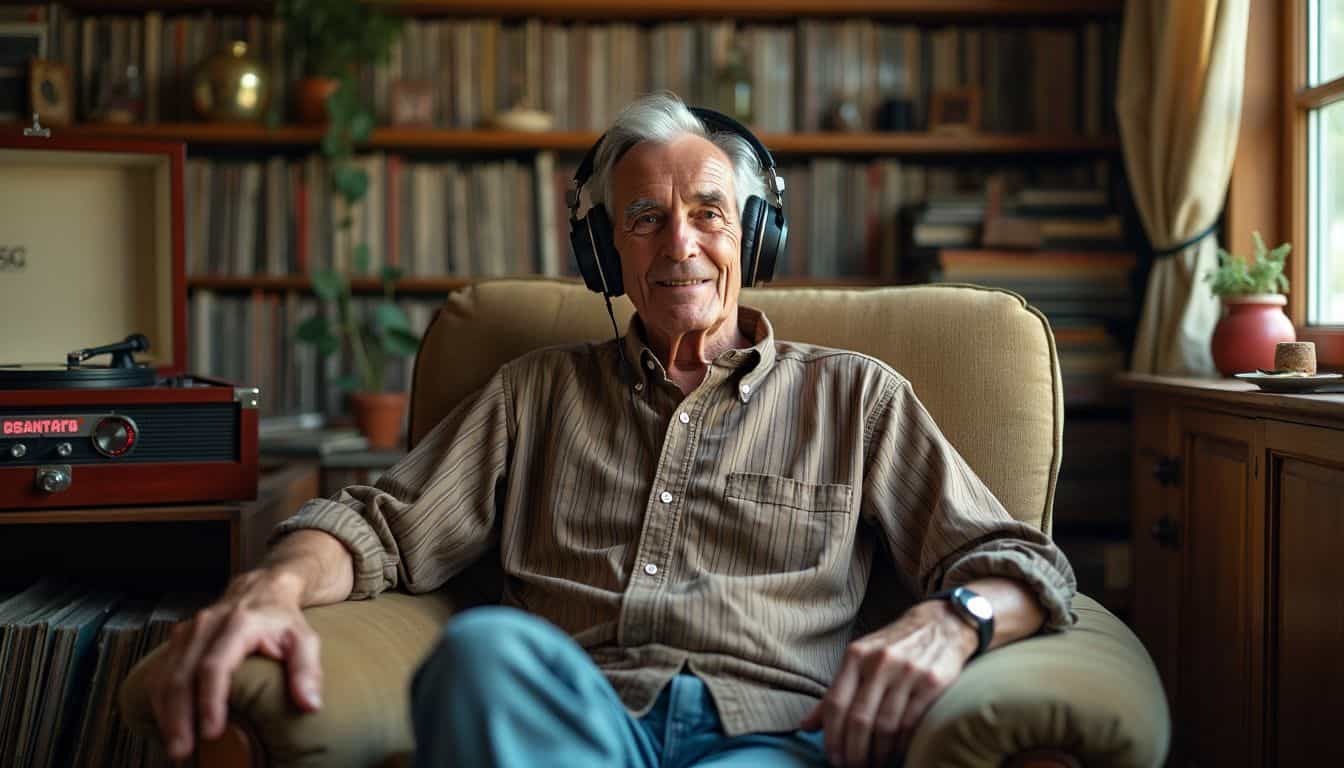 An elderly man enjoys listening to vintage records in a cozy room. An elderly man enjoys listening to vintage records in a cozy room.