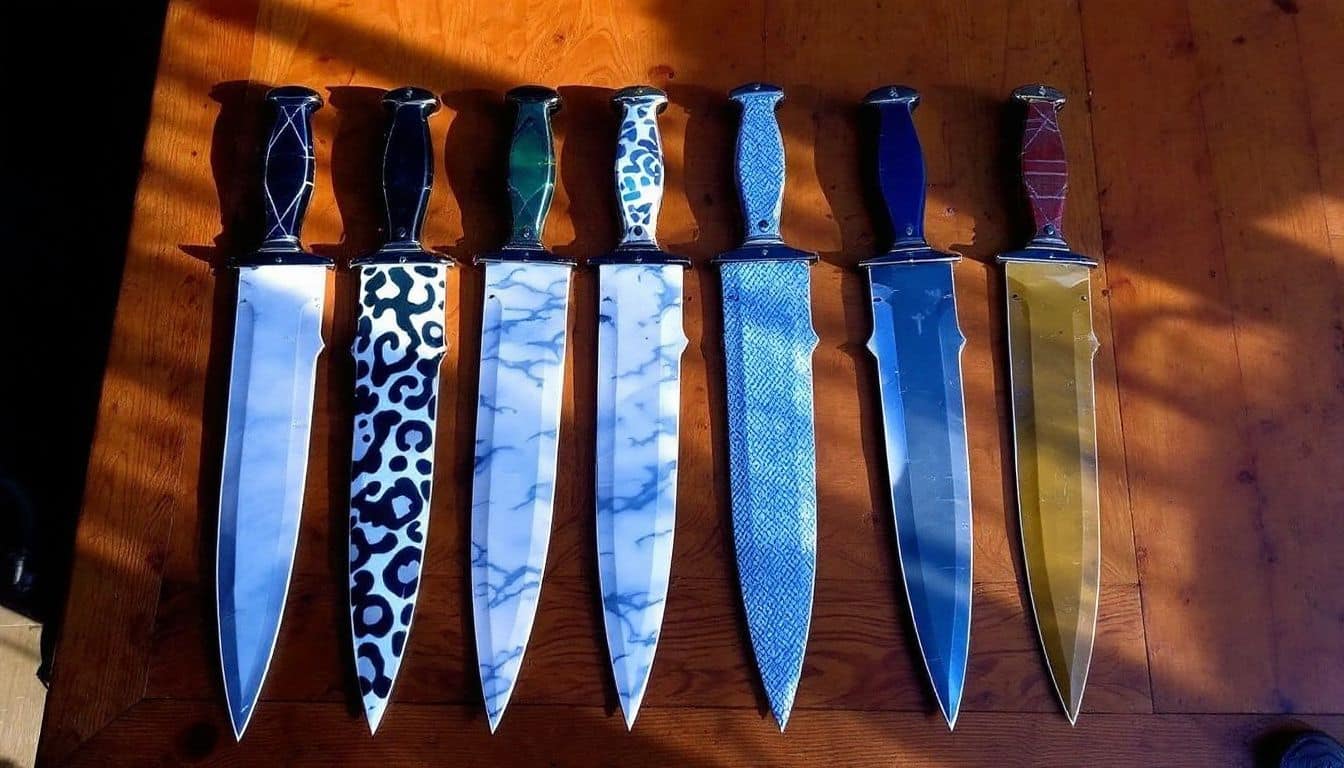 A variety of M9 Bayonet skins displayed on a wooden table.