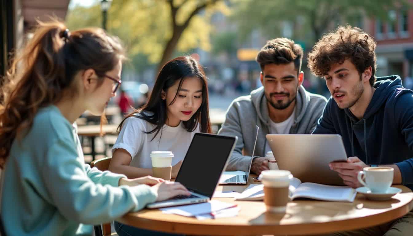 College students studying together at a busy café near campus.