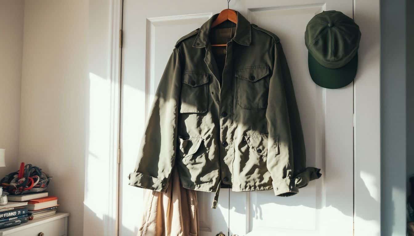 A combat jacket, green cap, and khaki pants hanging in a cluttered bedroom. A combat jacket, green cap, and khaki pants hanging in a cluttered bedroom.