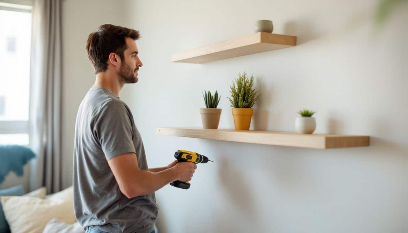 A person in their 30s installs floating shelves in a living room. A person in their 30s installs floating shelves in a living room.