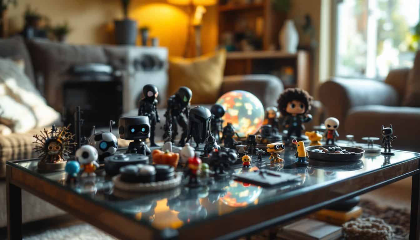 A casually decorated coffee table filled with geeky collectibles. A casually decorated coffee table filled with geeky collectibles.