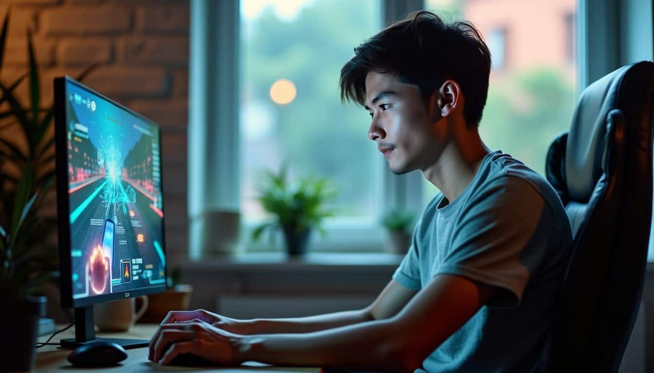 A concentrated gamer playing futuristic game interface on computer screen. A concentrated gamer playing futuristic game interface on computer screen.