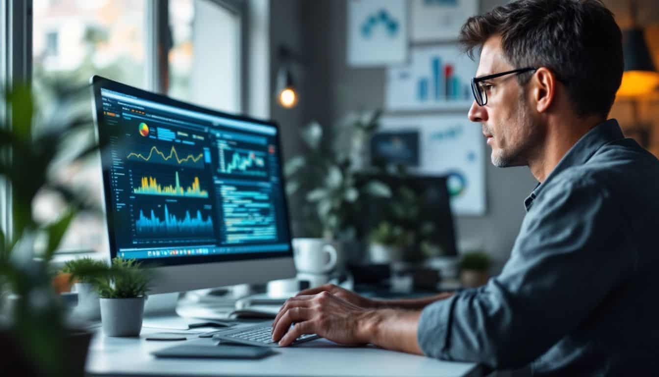 An experienced data analyst studying detailed dataset in organized office space. An experienced data analyst studying detailed dataset in organized office space.