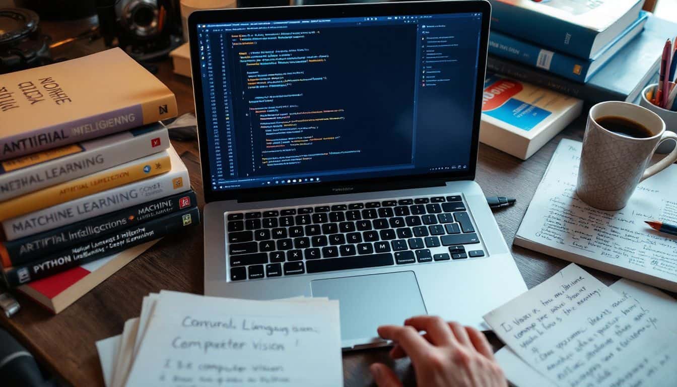 A cluttered home office desk with laptop, books, and notes on machine learning and programming. A cluttered home office desk with laptop, books, and notes on machine learning and programming.