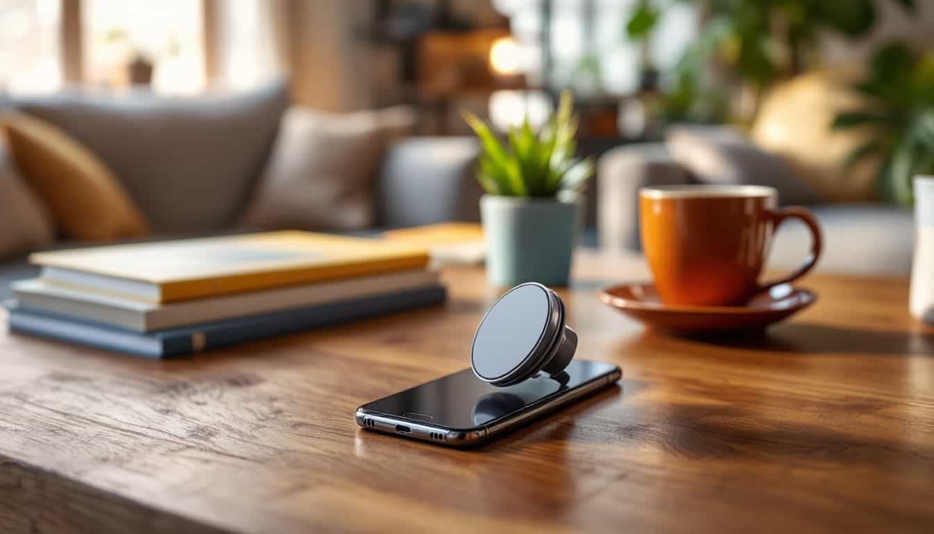 A smartphone with PopSocket grip, books, plant, and coffee on table.