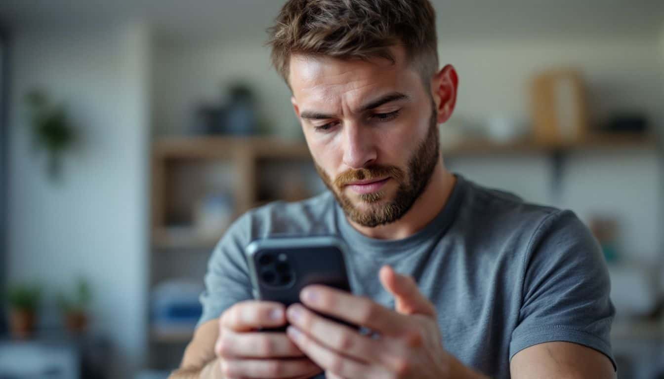 A man in his 30s applies a camera lens protector to his smartphone.