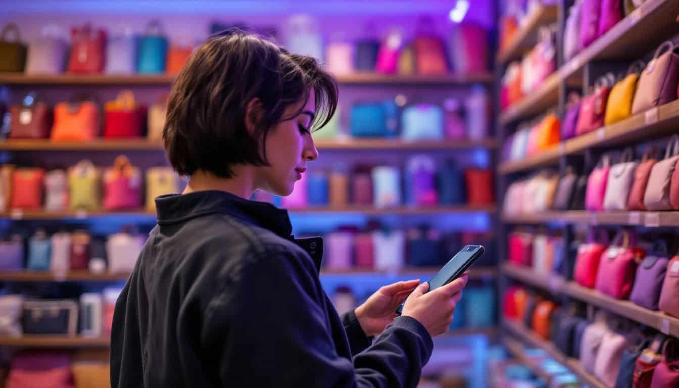A young adult browsing smartphone sleeves in a tech accessories store.
